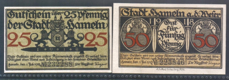 Niedersachsen Notgeld Hameln 25 und 50 Pfennig 1918