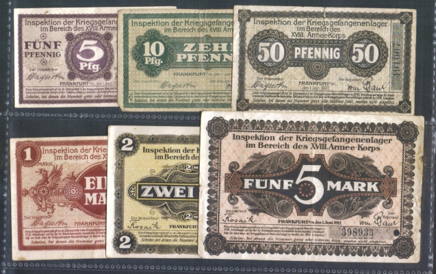 Hessen Frankfurt a.M. Inspektion KGL XVIII Armee 5,10,50 Pfennig 1,2,5 Mark 1917