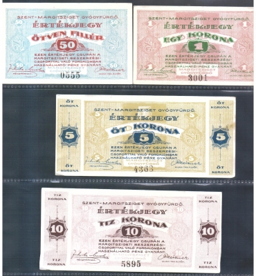 Ungarn-Budapest Szent-Margitsziget Heilbad 50 Filler 1,5,10 Korona o.D. (1919)